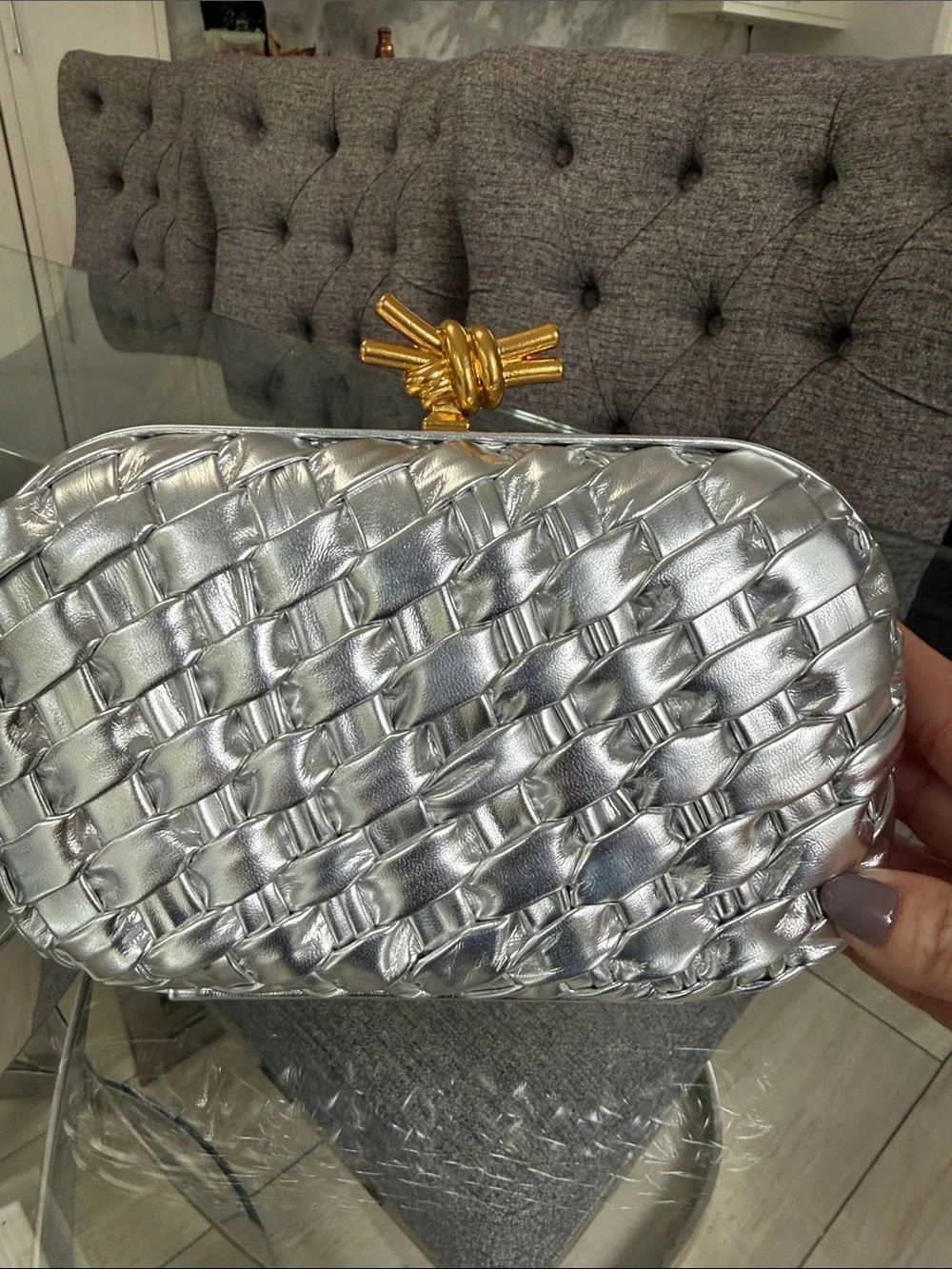 Bottega Veneta Silver Woven Metallic Clutch with Gold Knot Closure -Fake